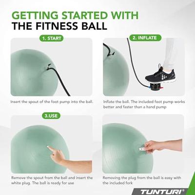 Tunturi Anti Burst Fitness bal met Pomp | Yoga bal 65 cm | 220 kg gebruikersgewicht | Incl Trainingsapp | Mint
