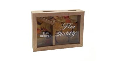 Gifts Amsterdam spaarpot His and Hers 15 x 20 cm hout bruin