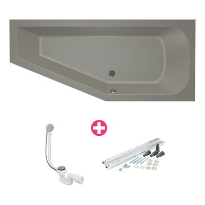Ruimtebesparend bad Xenz Lagoon compact | Rechts | 160x75 cm | Incl.Badafvoer | Met overloop | Acryl | Cement mat