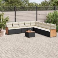 10-delige Loungeset met kussens poly rattan zwart - thumbnail