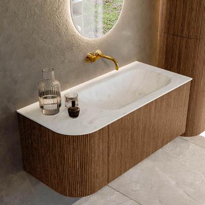 Mondiaz KURVE-DLUX 105 cm Onderkast Greeploos 1 Lade Met Deuren Walnut, Wastafel Solid Surface Rechts Opalo 0 Kraangaten Zonder Spiegel (KRVBGS105L1L1D0KR-Wal/Opa)