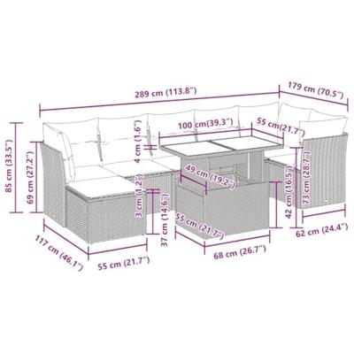 7-delige Loungeset met kussens poly rattan acacia grijs
