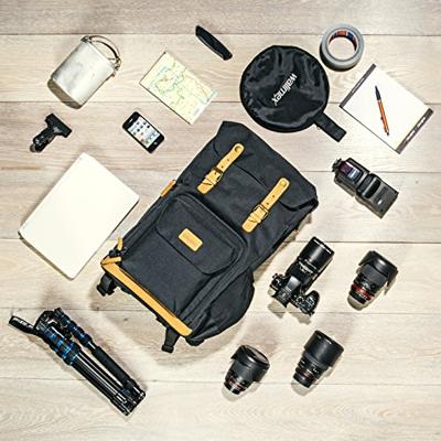 Mantona Luis Retro fotorugzak (met echt lederen applicaties, incl. regenhoes, flexibele indeling en laptopvak, geschikt voor 1x DSLR-camera, 3x lenzen en diverse fotoaccessoires) zwart