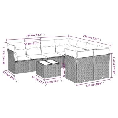 9-delige Loungeset met kussens poly rattan grijs