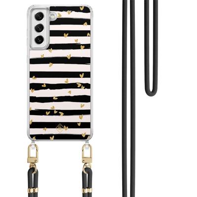 Samsung Galaxy S21 FE hoesje met zwart koord - Hart streepjes Samsung Galaxy S21 FE hoesje met zwart koord - Hart streepjes