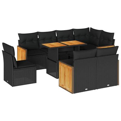 9-delige Loungeset met kussens poly rattan acacia zwart