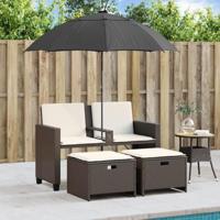 Tuinbank 2-zits met parasol en voetenbanken poly rattan bruin - thumbnail