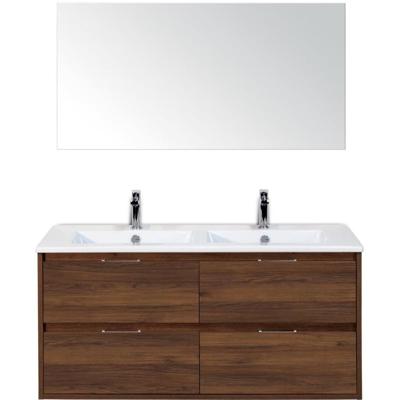 Porto Badmeubelset 120 cm - 4 Laden Walnoot - Keramische Wastafel Wit Slim met Spiegel