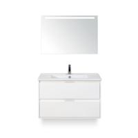 Porto Badmeubelset 90 cm - Wit Hoogglans - Keramische Wastafel Wit Slim - met Sence Spiegel - thumbnail
