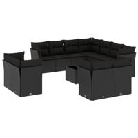 12-delige Loungeset met kussens poly rattan zwart - thumbnail
