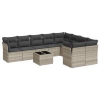 10-delige Loungeset met kussens poly rattan lichtgrijs - thumbnail