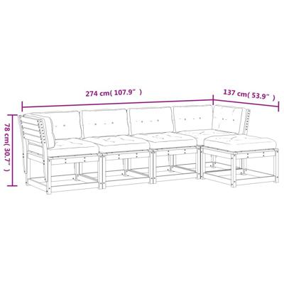 5-delige Loungeset met kussens massief grenenhout wasbruin - thumbnail
