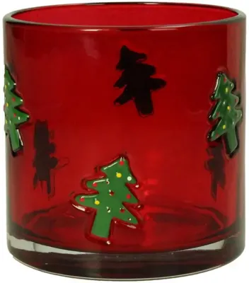 Kersten theelichthouder glas kerstboom 10x10cm rood
