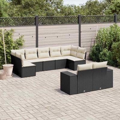 9-delige Loungeset met kussens poly rattan zwart