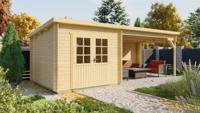 Tuindeco Charlotta Blokhut 300x300 cm + overkapping 400 cm 28 mm vuren blank- Lessenaarsdak- Onbehandeld vurenhout- Tuindeco - thumbnail