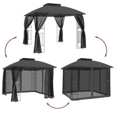 VidaXL Prieel met gaaswanden en dubbel dak 2,94x2,94 m staal antraciet