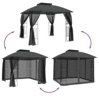 VidaXL Prieel met gaaswanden en dubbel dak 2,94x2,94 m staal antraciet - thumbnail
