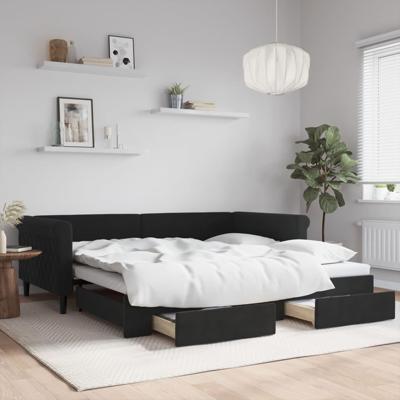 Slaapbank met onderschuifbed en lades 100x200 cm fluweel zwart