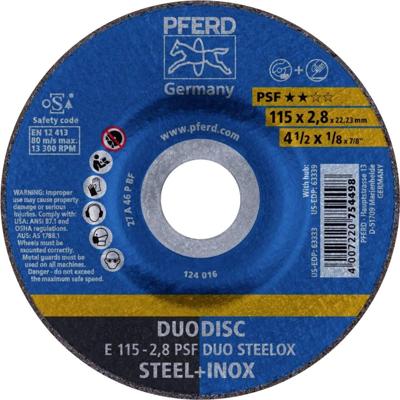 PFERD TOOLS 62011620 E 115-2,8 PSF DUO STEELOX Afbraamschijf gebogen Diameter 115 mm Boordiameter 22.23 mm RVS, Staal, IJzerslag 10 stuk(s) PFERD TOOLS 62011620 E 115-2,8 PSF DUO STEELOX Afbraamschijf gebogen Diameter 115 mm Boordiameter 22.23 mm RVS, Staal, IJzerslag 10 stuk(s)