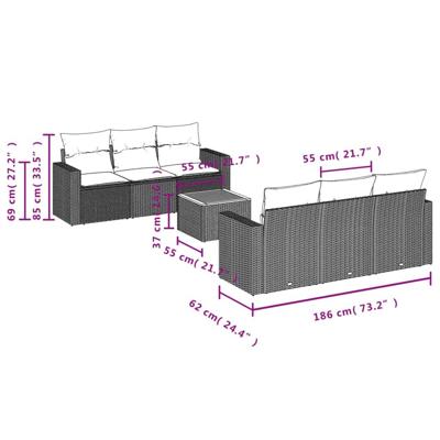 7-delige Loungeset met kussens poly rattan zwart - thumbnail