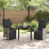 3-delige Tuin Eettafel Set met Kussens - Grijs Poly Rattan - thumbnail