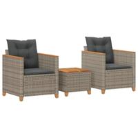 3-delige Bistroset met kussens poly rattan en acaciahout grijs - thumbnail