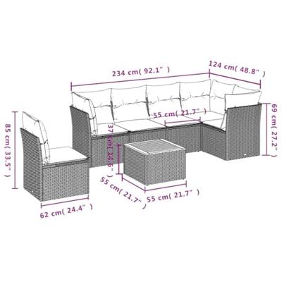 7-delige Loungeset met kussens poly rattan grijs