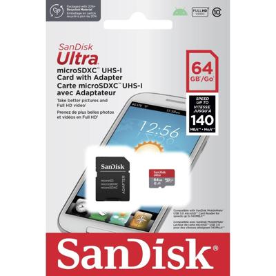 SanDisk microSDXC Ultra 64GB (140MB/s A1 Cl. 10 UHS-I) + Adapter Tablet microSDXC-kaart 64 GB A1 Application Performance Class, UHS-Class 1 SanDisk microSDXC Ultra 64GB (140MB/s A1 Cl. 10 UHS-I) + Adapter Tablet microSDXC-kaart 64 GB A1 Application Performance Class, UHS-Class 1