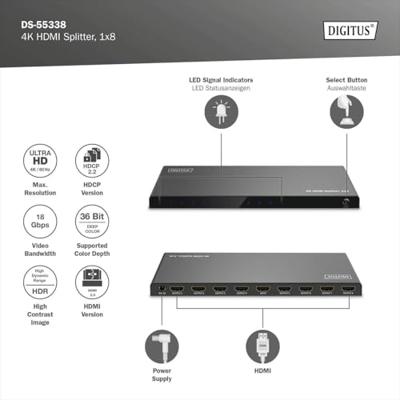 Digitus DS-55338 8 + 1 poorten HDMI-splitter LED-weergave, Met status-LEDs, Met metalen behuizing, Individueel schakelbaar, Ultra HD-geschikt 3840 x 2160 Pixel