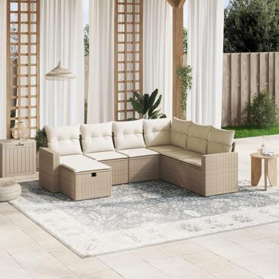 7-delige Loungeset met kussens poly rattan beige
