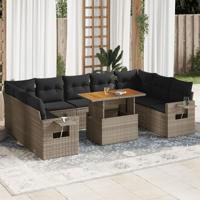 10-delige Loungeset met kussens poly rattan grijs - thumbnail