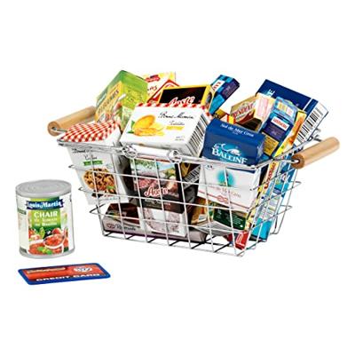 Speelgoedwinkel - KLEIN - Metalen boodschappenmand gevuld met dozen - Gevuld met namaakvoedseldozen.