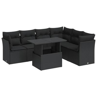 7-delige Loungeset met kussens poly rattan zwart
