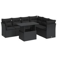 7-delige Loungeset met kussens poly rattan zwart - thumbnail