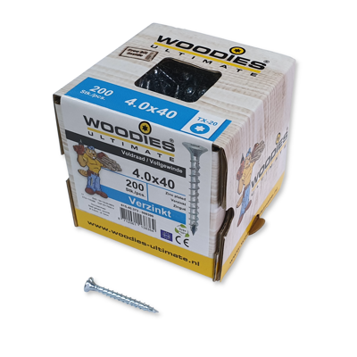 Woodies Ultimate Spaanplaatschroef Torx 4,0x 40 platverz. kop T20 verzinkt voldraad 200st.