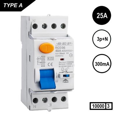Aardlekschakelaar 3polig+N 25A 300mA Type A 10 kA SEP RCD36 slechts 2 modulen breed