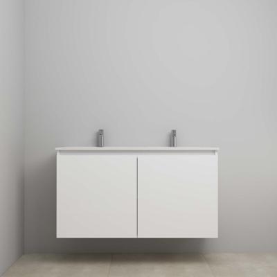 On-Line Onderkast - 120 cm - Bouwpakket - Greeploos 2 Deuren - Porseleinen Wastafel - 2 Kraangaten - Hoogglans Wit