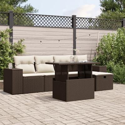 6-delige Loungeset met kussens poly rattan bruin - thumbnail