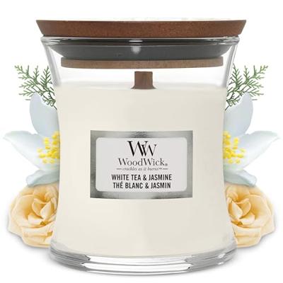 WoodWick Geurkaars Mini White Tea & Jasmine - 8 cm / ø 7 cm - Geurkaars in Glas - Houten Lont