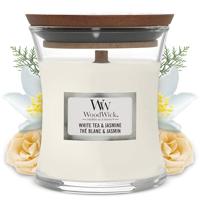 WoodWick Geurkaars Mini White Tea & Jasmine - 8 cm / ø 7 cm - Geurkaars in Glas - Houten Lont - thumbnail
