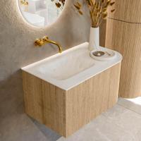 Mondiaz KURVE-DLUX 75 cm Onderkast Greeploos 1 Lade Met Deuren Oak, Wastafel Solid Surface Links Opalo 0 Kraangaten Zonder Spiegel (KRVGRU75R1L1D0KL-Oak/Opa) - thumbnail