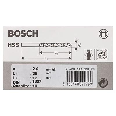 Bosch Accessories 2608597209 HSS Metaal-spiraalboor 2 mm Gezamenlijke lengte 38 mm Rollenwals DIN 1897 Cilinderschacht 10 stuk(s)