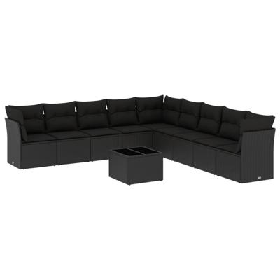 10-delige Loungeset met kussens poly rattan zwart - thumbnail