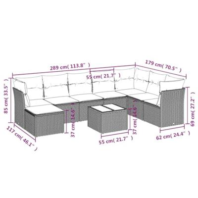 9-delige Loungeset met kussens poly rattan zwart