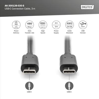 Digitus USB-kabel USB 2.0 USB-C stekker, USB-C stekker 3.00 m Zwart Flexibel, Folie afscherming, Afscherming gevlochten, Afgeschermd, Afgeschermd (dubbel), Met