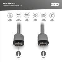 Digitus USB-kabel USB 2.0 USB-C stekker, USB-C stekker 3.00 m Zwart Flexibel, Folie afscherming, Afscherming gevlochten, Afgeschermd, Afgeschermd (dubbel), Met - thumbnail