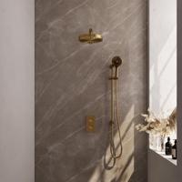 BRAUER Stripe Thermostatische Inbouw Regendouche - 3-weg - rechthoekig - SET 22 - 25cm douchekop - rechte muurarm - 3-standen handdouche - doucheslang - geïntegreerde glijstang - goud geborsteld PVD 5-GG-407 - thumbnail