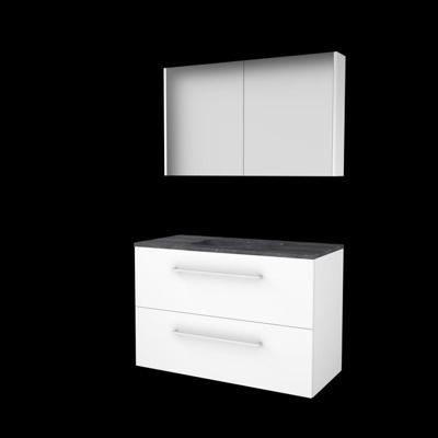 Basic-Line Comfort 46 Badkamermeubelset - 100 x 46 cm - Met Grepen - 2 Lades - Hardstenen Wastafel - 1 Kraangat - Spiegelkast - Ice White
