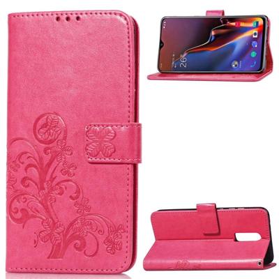 Lucky Clover ingedrukt bloemen patroon lederen draagtas voor OnePlus 6T met houder & kaartsleuven & portemonnee & hand strap (magenta)
