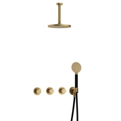 Hotbath Cobber - CB7067 - Inbouw Regendoucheset - Geborsteld Messing - 2 Stopkranen - Thermostatisch - Plafondbuis 15 cm - Hoofddouche 200 mm - Ronde Handdouche 3 Standen - Waterbesparend